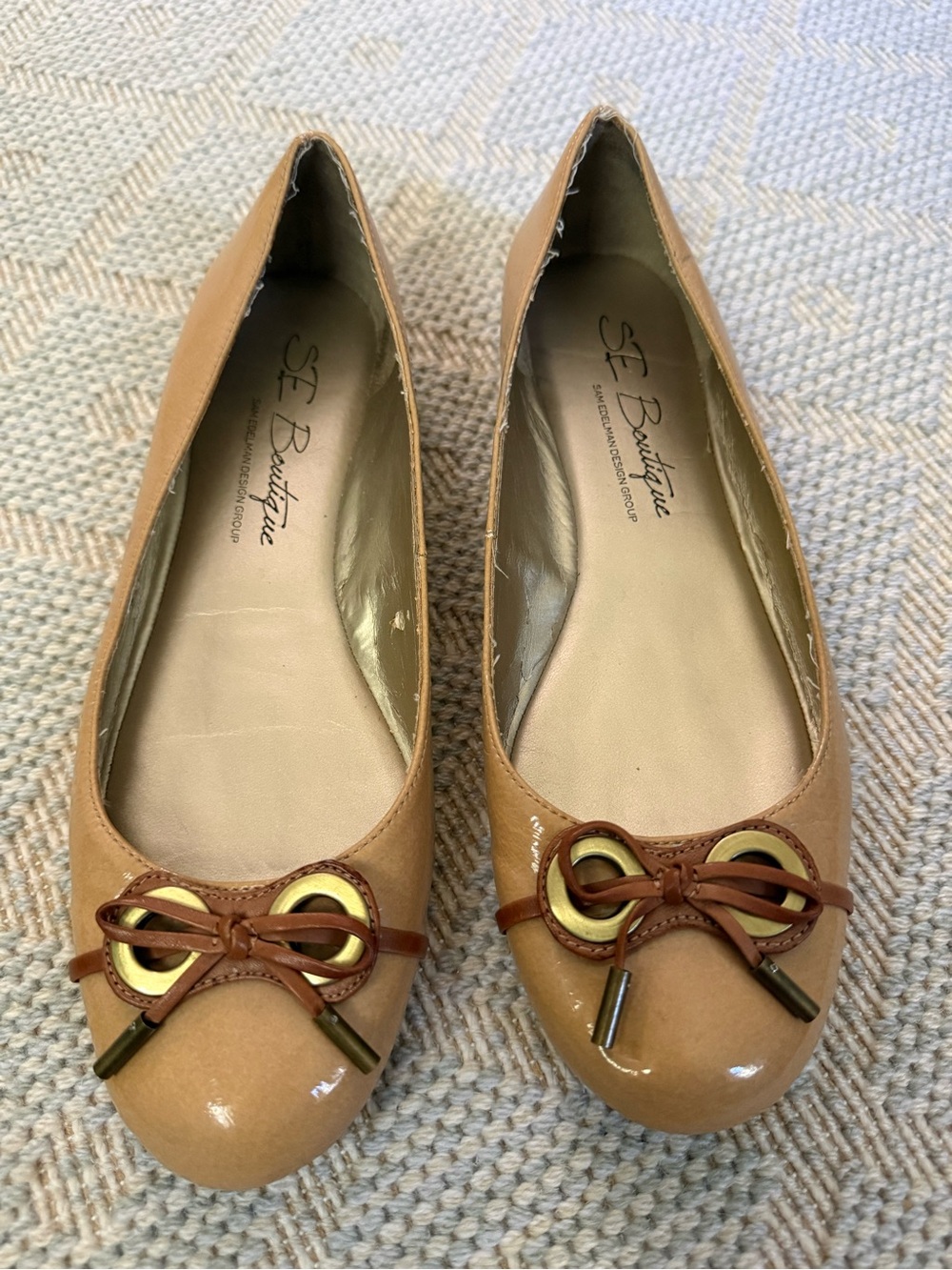 SE Boutique by Sam Edelman Tan Patent Leather Ballet Flats with Gold Accents
